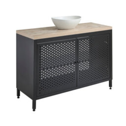 Homestylestore 1200mm Black Metal Floorstanding Bathroom Vanity Unit Light Oak Countertop And Oval Chalk Basin - thumbnail 1