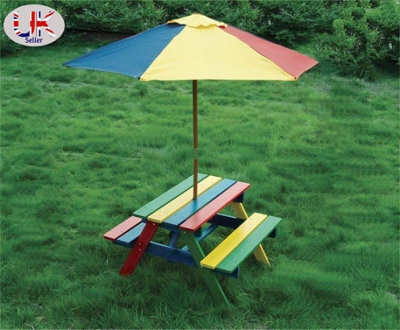 Spot On Dealz Kids Garden Furniture Picnic Table Wooden Bench With Adjustable Children Outdoor Garden Umbrella Parasol Patio Furniture Set - image 1