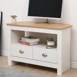 Furniturehmd Corner Tv Stand Unit Two Drawers Television Cabinet With Open Shelf White And Oak - thumbnail 2