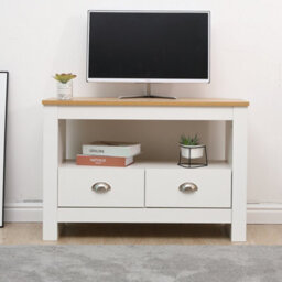 Furniturehmd Corner Tv Stand Unit Two Drawers Television Cabinet With Open Shelf White And Oak