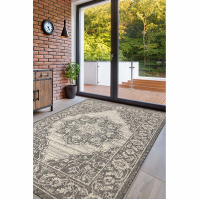 Melrose County Sisal Inspired Traditional Medallion Small Grey Non-Slip Area Rug 060/110Cm - image 1