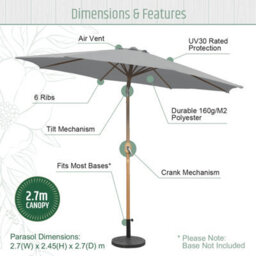 Gardenkraft 2.7M Outdoor Wooden Effect Parasol - Light Grey - thumbnail 4