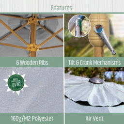 Gardenkraft 2.7M Outdoor Wooden Effect Parasol - Light Grey - thumbnail 3