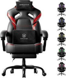 Gtplayer Big Gaming Chair, Ergonomic Office Chair With Footrest, 350Lbs, Premium Leather And Iridescent Trim, Ace-Armor, Black-Red - thumbnail 1