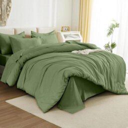 Ameha Plain Dyed Duvet Cover Complete Set With Matching Fitted Sheet & Pillowcase Microfiber King Olive Green - thumbnail 4