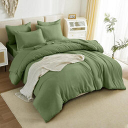 Ameha Plain Dyed Duvet Cover Complete Set With Matching Fitted Sheet & Pillowcase Microfiber King Olive Green - thumbnail 5