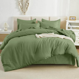 Ameha Plain Dyed Duvet Cover Complete Set With Matching Fitted Sheet & Pillowcase Microfiber King Olive Green - thumbnail 3