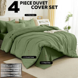 Ameha Plain Dyed Duvet Cover Complete Set With Matching Fitted Sheet & Pillowcase Microfiber King Olive Green