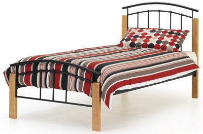 Save On Goods UK 3Ft Single Black Metal Tubular Bed Frame, Beech Wood Finish Corner Posts.strong Sturdy Frame Bedstead Base. - image 1