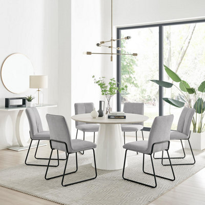 Furniturebox Uk Palma Beige Stone Effect Round Dining Table & 6 Light Grey Halle Chairs - image 1