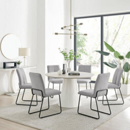 Furniturebox Uk Palma Beige Stone Effect Round Dining Table & 6 Light Grey Halle Chairs - thumbnail 1