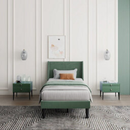 Abrihome Single Bed Velvet Moss Green 3Ft Upholstered Bed  With Winged Headboard, Wood Slat Support - thumbnail 3