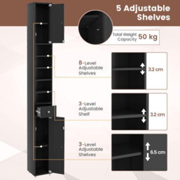 Costway 180 Cm Bathroom Tall Slim Cabinet Freestanding Storage Cabinet W/ Drawer-Black - thumbnail 6