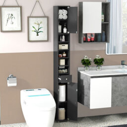 Costway 180 Cm Bathroom Tall Slim Cabinet Freestanding Storage Cabinet W/ Drawer-Black - thumbnail 4