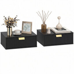Homcom Floating Nightstands Set Of 2 Bedside Tables W/ Wave Drawer Black - thumbnail 2