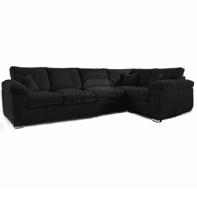 Furnishings For Less UK Delta Large Long Narrow Black 5 Seater Corner Sofa Right Hand Facing Jumbo Cord L Shape