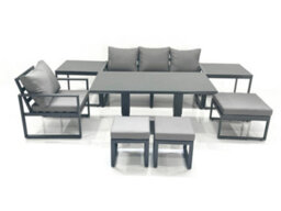 Fimous 7 Seater Garden Sofa Set Aluminium Furniture Rising Dining Tabe Set With Chair 3 Footstool 2 Side Tables Dark Grey
