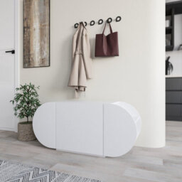 Decortie Modern Pozy Shoe Bench Storage White 110(W)Cm Oval Shape 3-Door Minimal Organiser For Office, Hallway