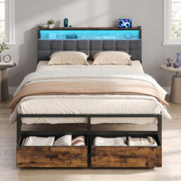 LEDREM Double Bed Frame 208.9 x 135.5 cm and 2 Drawers Bundle, LED Lights, Charging, Upholstered Headboard, Black and Brown - thumbnail 3