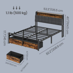 LEDREM Double Bed Frame 208.9 x 135.5 cm and 2 Drawers Bundle, LED Lights, Charging, Upholstered Headboard, Black and Brown - thumbnail 2