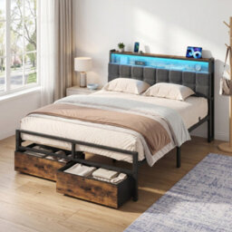 LEDREM Double Bed Frame 208.9 x 135.5 cm and 2 Drawers Bundle, LED Lights, Charging, Upholstered Headboard, Black and Brown