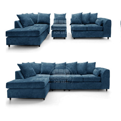 Furnishings For Less UK Monaco Chenille Fabric 5 Seater L Shaped Corner Sofa  Blue Left Hand Facing