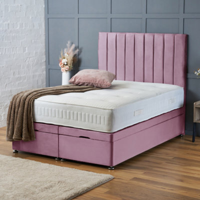 Bsspoke Ottoman Divan Bed In Pink Plush Velvet With 25Cm Good Quality Mattress & 138Cm Headboard End Lift Up Storage In All Sizes - image 1