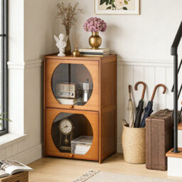 Living And Home 2-Tier Brown And Clear Multipurpose Freestanding Bookcase Storage Cabinet, 38.5Cm (W) X 33Cm (D) X 68Cm (H)