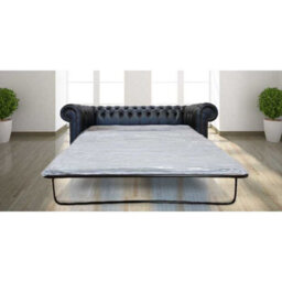 Chesterfield 3 Seater Sofabed Shelly Black Real Leather In Classic Style - thumbnail 1
