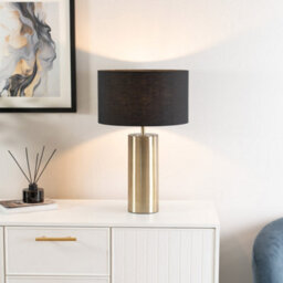 Valuelights Lexy Antique Brass Touch Table Lamp With Black Drum Shade