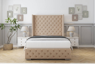 "Sloomy Arundel Pebble Plush Bed Frame With 50""  Upholstered Wingback Headboard 4'6 Double" - image 1