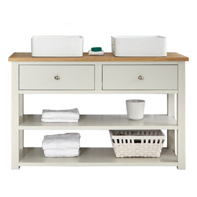 Homestylestore 1215mm Antique White And Oak Bathroom Vanity Unit With 2 Square Countertop Basins - image 1
