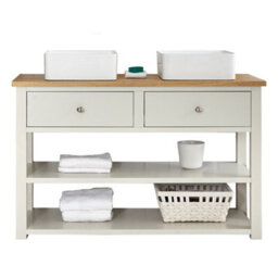 Homestylestore 1215mm Antique White And Oak Bathroom Vanity Unit With 2 Square Countertop Basins - thumbnail 1