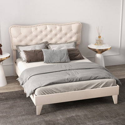 Costway Double Size Bed Frame Wooden Slats Platform W/ Upholstered Button Tufted Headboard - image 1