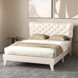 Costway Double Size Bed Frame Wooden Slats Platform W/ Upholstered Button Tufted Headboard - thumbnail 4