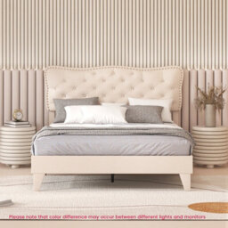 Costway Double Size Bed Frame Wooden Slats Platform W/ Upholstered Button Tufted Headboard - thumbnail 5