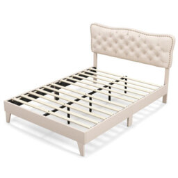 Costway Double Size Bed Frame Wooden Slats Platform W/ Upholstered Button Tufted Headboard - thumbnail 2