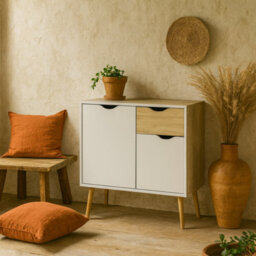 Wyld Haus Sapporo Compact Sideboard In White And Natural Oak With 1 Drawer And 2 Doors - thumbnail 1