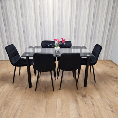 Kosy Koala Black Clear Glass Dining Table With 6 Black Tufted Velvet Chairs Kitchen Dining Set - image 1