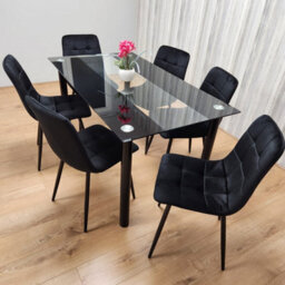 Kosy Koala Black Clear Glass Dining Table With 6 Black Tufted Velvet Chairs Kitchen Dining Set - thumbnail 5