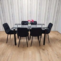 Kosy Koala Black Clear Glass Dining Table With 6 Black Tufted Velvet Chairs Kitchen Dining Set - thumbnail 1