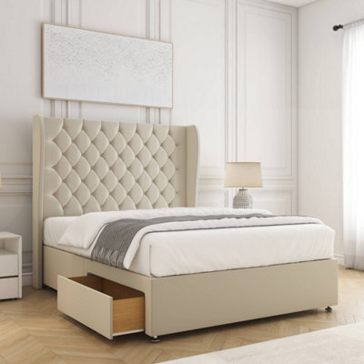 Bsspoke Amelia Divan Bed Set Cream Plush Velvet With 54Inch Wingedback Headboard & 2 Drawers Footend No Mattress In All Sizes - image 1