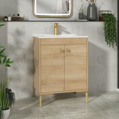 Royal Bathrooms Verona 600mm Natural Oak Floor Standing Vanity Unit 2 Door With Ceramic Basin & Brushed Brass Knob - image 1