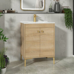 Royal Bathrooms Verona 600mm Natural Oak Floor Standing Vanity Unit 2 Door With Ceramic Basin & Brushed Brass Knob