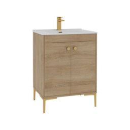 Royal Bathrooms Verona 600mm Natural Oak Floor Standing Vanity Unit 2 Door With Ceramic Basin & Brushed Brass Knob - thumbnail 6