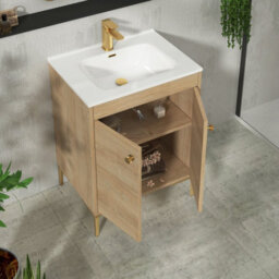 Royal Bathrooms Verona 600mm Natural Oak Floor Standing Vanity Unit 2 Door With Ceramic Basin & Brushed Brass Knob - thumbnail 5