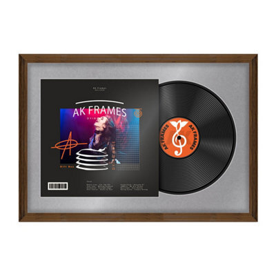 "AK Frames 25X17"" Walnut Classic Vinyl Record Frame With Mid Grey Mount For 12 Inch Lp Cover & Disc - Overlapped Design" - image 1
