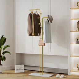 Double Pole Floor Coat Rack Gold Hall Stand With Marble - thumbnail 4