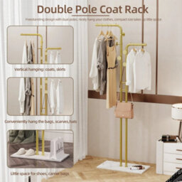 Double Pole Floor Coat Rack Gold Hall Stand With Marble - thumbnail 5