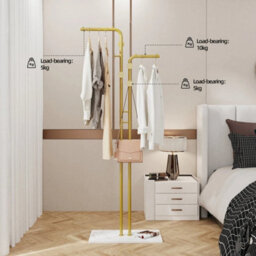 Double Pole Floor Coat Rack Gold Hall Stand With Marble - thumbnail 6